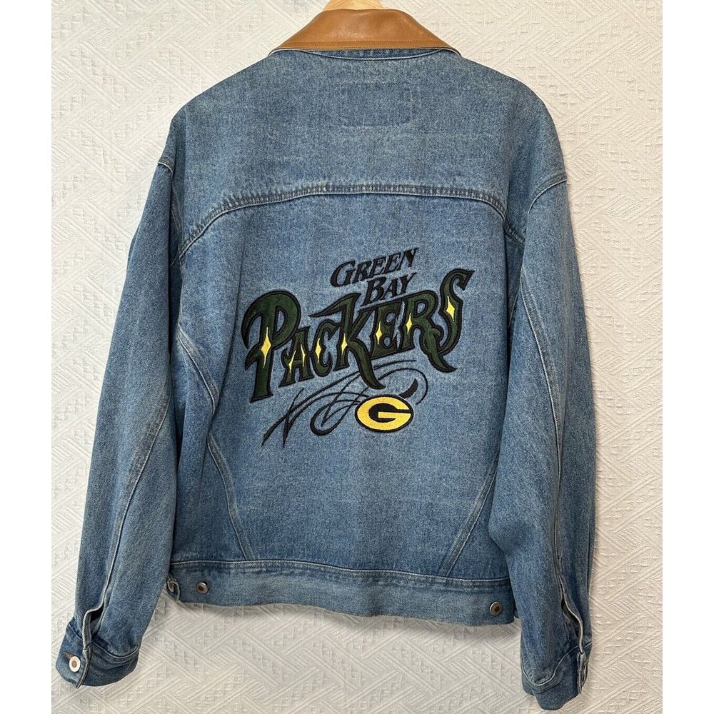Vtg Pro Elite Mens Medium Green Bay Packers NFL Jean Denim Jacket Embroidered - Picture 2 of 8